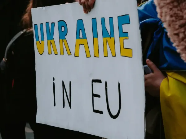 close up of a banner during a pro ukraine rally